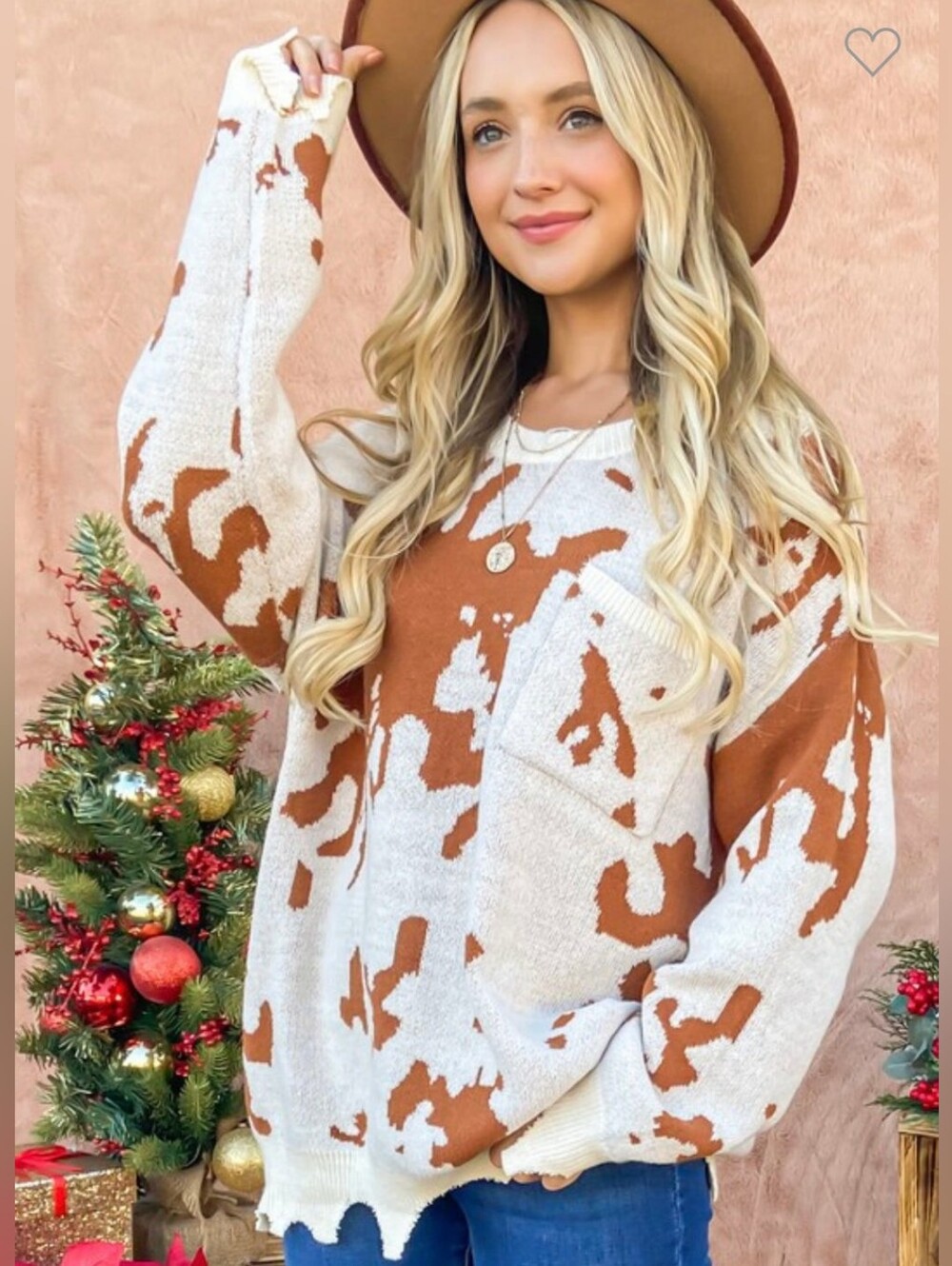 LN Peach Love Neutral & Rust Patch Pocket Knit Cow Print Sweater